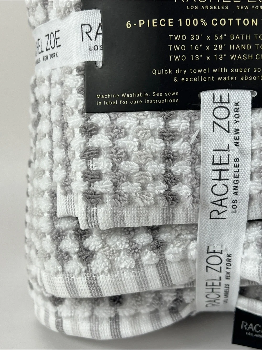 Rachel Zoe Towel Set Taupe Gray White Waffle Weave Soft 100% Cotton 6 Pc Set NEW